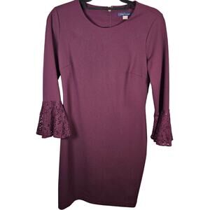Tommy Hilfiger Elegant Aubergine Crepe Sheath Dress Lace Bell Sleeve Size 4 EUC